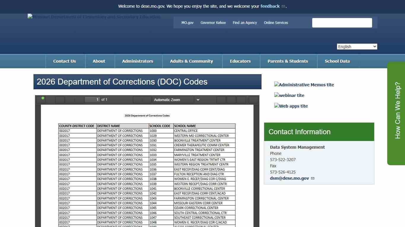 2026 Department of Corrections (DOC) Codes Missouri Department of Elementary and Secondary Education